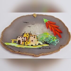 Vintage Hand Painted Southwestern Style Village on a Slab of Agate Stone